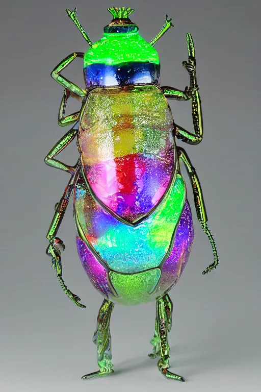 Prompt: a fat bubbly super detailed glass figurine with fluo color detail, and muted arm colors, that looks like a insect, decorated by plastic synthetic ionized metal flower sculptures