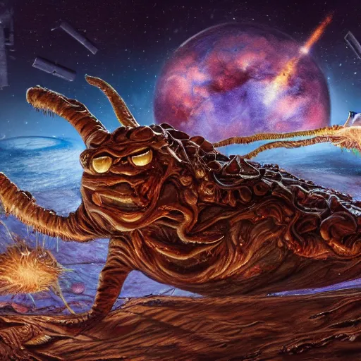 Prompt: one eldritch horror bloody garfield in space, galaxy, hd, 8 k, giant, epic, realistic photo, unreal engine, stars, prophecy, powerful, cinematic lighting, destroyed planet, debris, violent, sinister, ray tracing, dynamic, print, epic composition, dark, horrific, teeth, grotesque, scary, pencil drawing