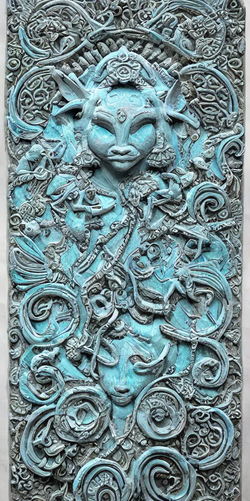 Image similar to intricate colourfully painted carved Soapstone relief paneling, white and pale blue , celestial, piggy, pig goddess, mother earth, Earth Goddess mythology, Gaia, angels, divinity, Ghostly, crystaline celtic, insanly detailed , artstation, wallpaper, hyper realistic, realistic lighting