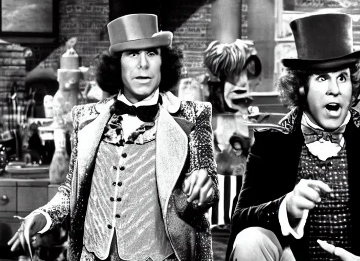 Image similar to film still of Will Farrel as Willy Wonka in Willy Wonka and the Chocolate Factory 1971