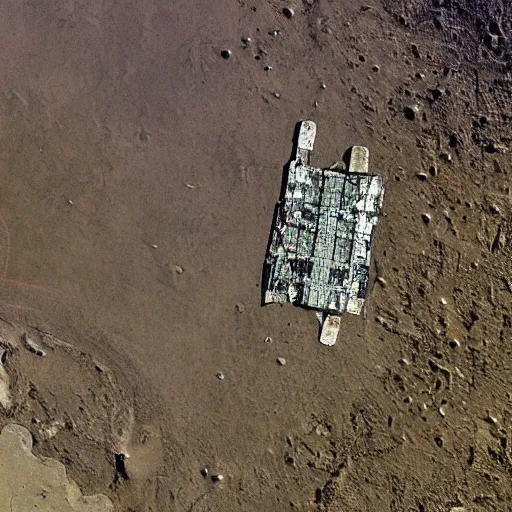 Prompt: satellite image of the giant remains of an ancient robot