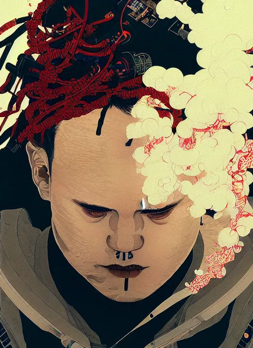 Prompt: a beautiful ukiyo painting of rapper pop smoke as a timepunk battle space pilot, wearing space techwear, detailed close up portrait, intricate complexity, concept art, by takato yamamoto, wlop, krenz cushart. cinematic dramatic atmosphere, sharp focus, digital full likeness art. center frame