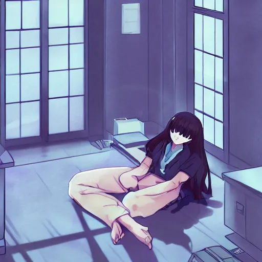 Image similar to concept art of the depressed student in her apartment, anime fantasy illustration by tomoyuki yamasaki, kyoto studio, madhouse, ufotable, trending on artstation