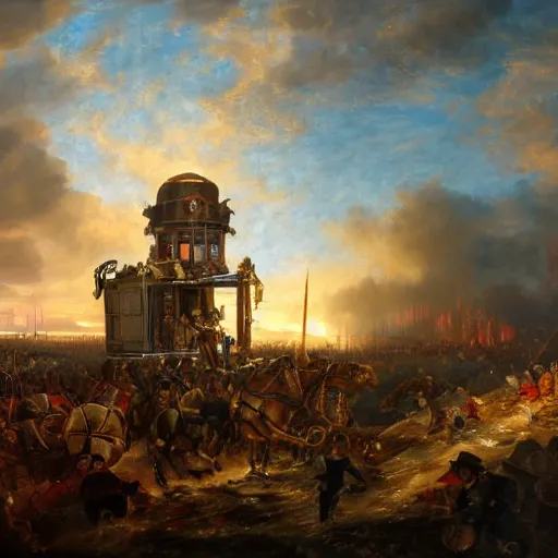 Image similar to Highly detailed and cinematic romantic period oil painting of the battle of Waterloo, with a detailed and realistic tardis from dr who, strong atmosphere, oil painting masterpiece by Josep Tapiró Baró, dynamic lighting, 8K