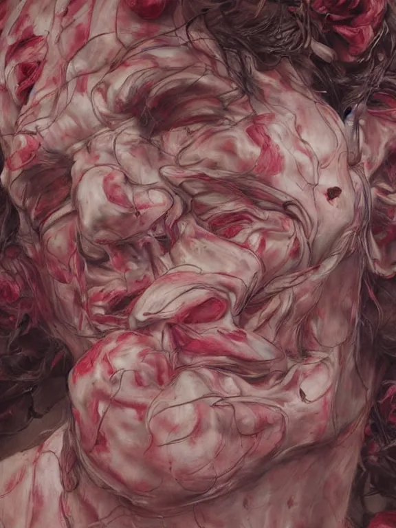 Prompt: twisted head, head made of roses, portrait by jenny saville, calm, serenity, relaxation, chill