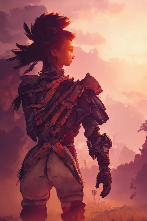 Image similar to combination suit armor aloy horizon forbidden west horizon zero dawn radiating a glowing aura global illumination ray tracing hdr fanart arstation by ian pesty and alena aenami artworks in 4 k tribal robot ninja mask helmet backpack