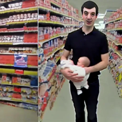 Image similar to cctv of Nathan fielder holding a baby