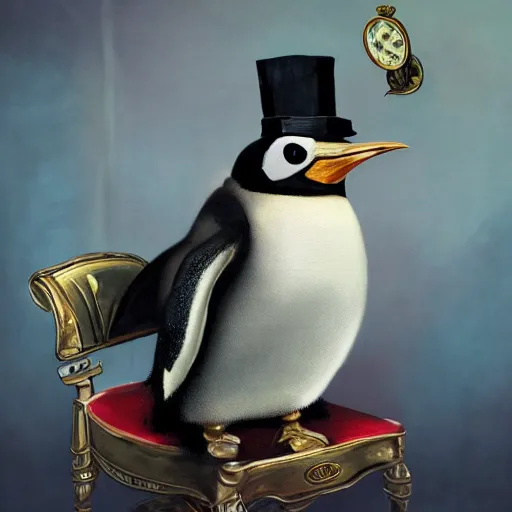 Image similar to oil painting of grumpy rich steampunk penguin sitting on fancy chair, wearing top hat, holding gold, steampunk factory background, factory background, sharp focus, fantasy style, octane render, volumetric lighting, 8k high definition, by greg rutkowski, highly detailed, trending on art Station, centered