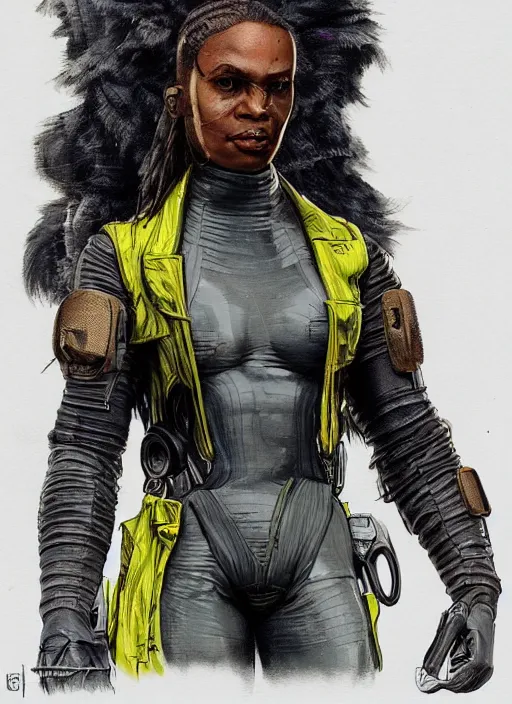 Image similar to chidi igwe. cyberpunk mercenary in tactical harness and jumpsuit. dystopian. portrait by stonehouse and mœbius and will eisner and gil elvgren and pixar. realistic proportions. cyberpunk 2 0 7 7, apex, blade runner 2 0 4 9 concept art. cel shading. attractive face. thick lines.