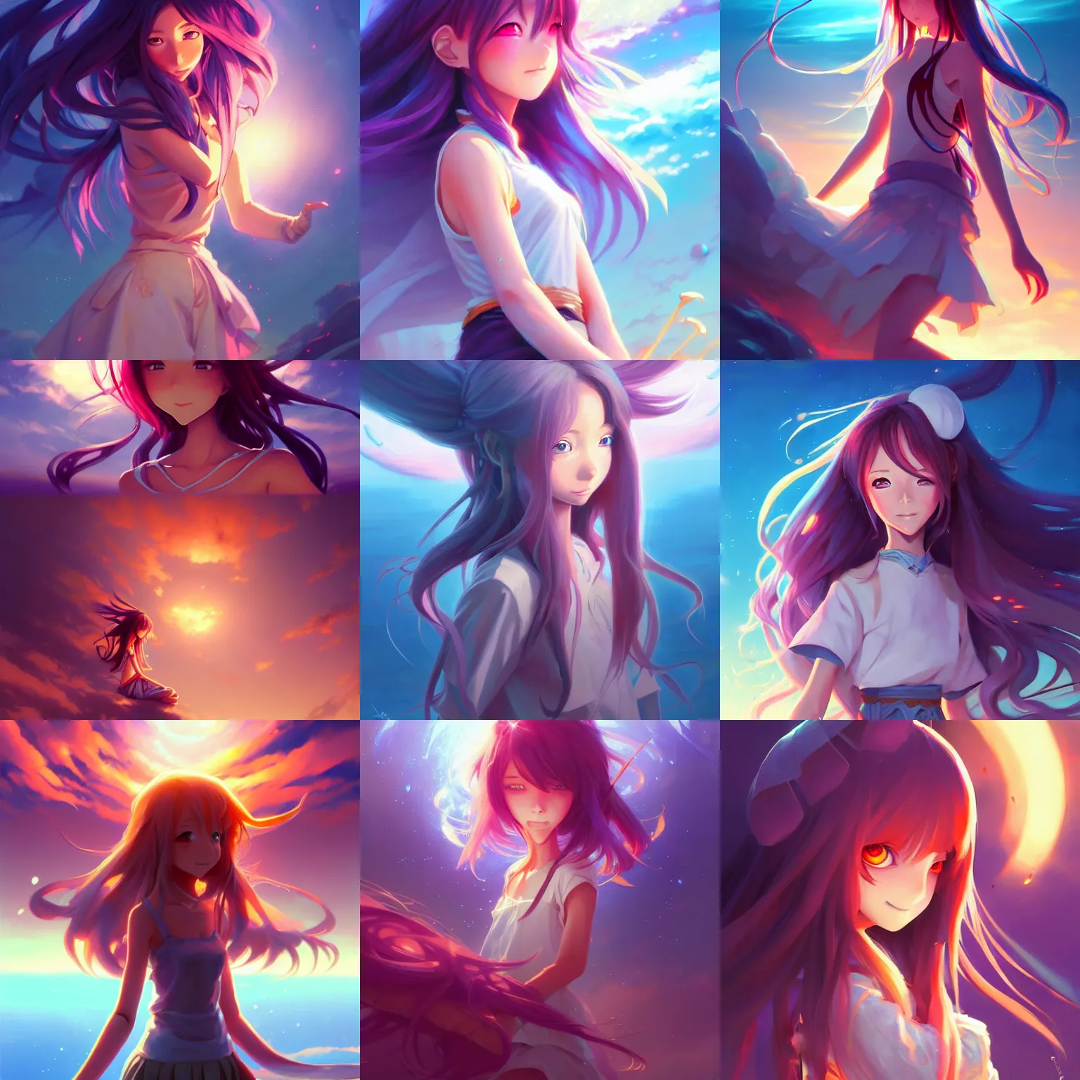 Prompt: a cute anime girl, long hair, fantasy art, 2 d game art, concept art, heavenly lighting, retrowave, behance hd, concept art by jesper ejsing, by rhads, makoto shinkai cyril rolando, madgwick, cory loftis, anime studio and pixar animation studio and disney