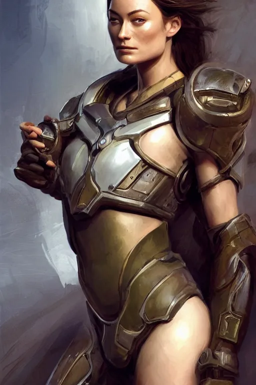 Image similar to a professional painting of a young Olivia Wilde, clothes in military armor, olive skin, long dark hair, beautiful bone structure, symmetrical facial features, intricate, elegant, digital painting, concept art, smooth, sharp focus, illustration, from StarCraft by Ruan Jia and Mandy Jurgens and Artgerm and William-Adolphe Bouguerea