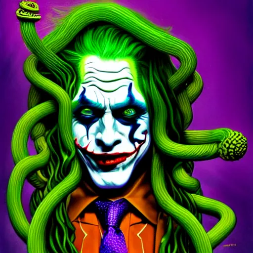 Prompt: an extremely psychedelic portrait of medusa as the joker, surreal, lsd, face, detailed, intricate, elegant, lithe, highly detailed, digital painting, artstation, concept art, smooth, sharp focus, illustration