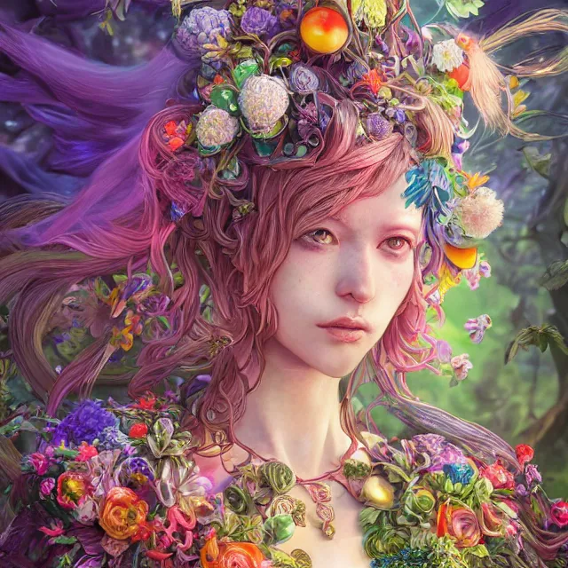 Prompt: the portrait of chaotic good female rainbow colorful druid botanist as absurdly beautiful, gorgeous, elegant, young gravure idol, an ultrafine hyperdetailed illustration by irakli nadar, james jean, intricate linework, sharp focus, bright colors, octopath traveler, final fantasy, unreal engine 5 highly rendered, global illumination, radiant light, detailed and intricate environment