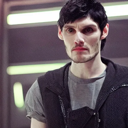 Image similar to Colin Morgan as Cyberpunk Merlin