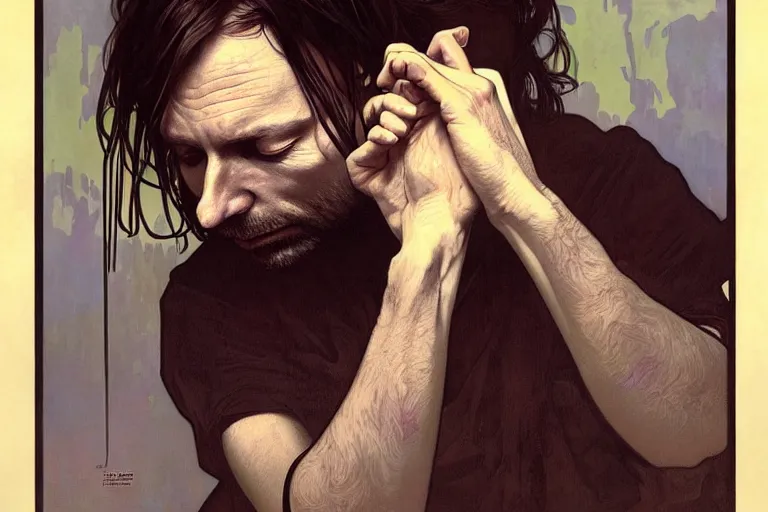 Image similar to hyper realistic portrait of radiohead singer songwriter, by lee bermejo, alphonse mucha and greg rutkowski