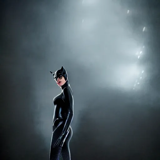 Prompt: real-life Catwoman, cinematic, Low angle, atmospheric fog and lighting, directed by Michael Bay, high detail, 8K, movie still