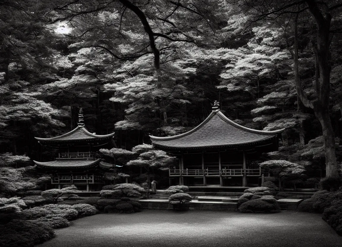 Image similar to realistic forest with an ancient Japanese shrine at night, Monochrome