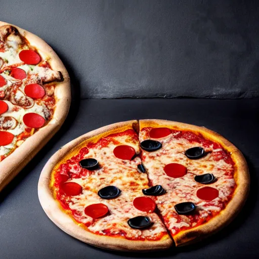 Image similar to a pizza and a roman pinsa side by side,studio lighting