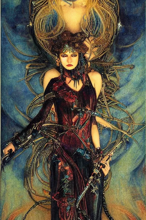 Image similar to gutterpunk goddess , by Annie Swynnerton and jean delville and Gaston Bussière and Tino Rodriguez, black leather and embroidered velvet, iridescent beetles, rich color, dramatic cinematic lighting, extremely detailed