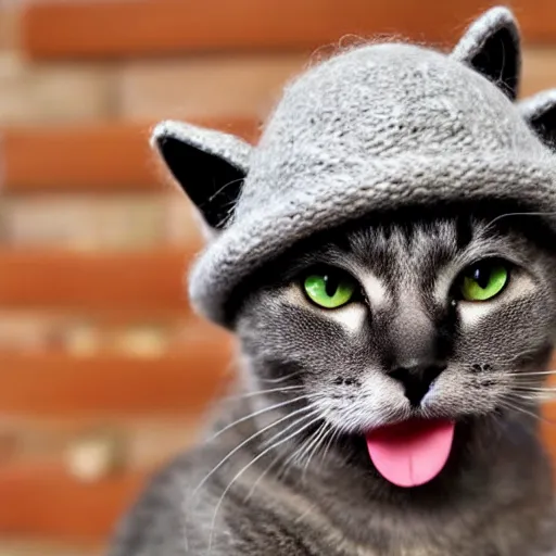 Image similar to cute cat photo, wearing wool hat, tongue mlem, cat ears