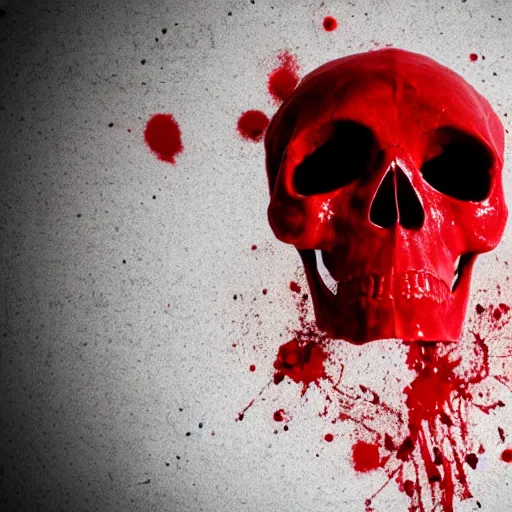 Prompt: skull in a pool of blood with blood splatter on the skull