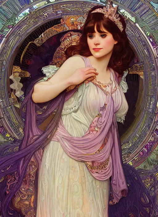 Image similar to Zooey Deschanel as God of Innocence, cute, fantasy, intricate, elegant, highly detailed, digital painting, 4k, HDR, concept art, smooth, sharp focus, illustration, art by alphonse mucha,artgerm, H R Giger