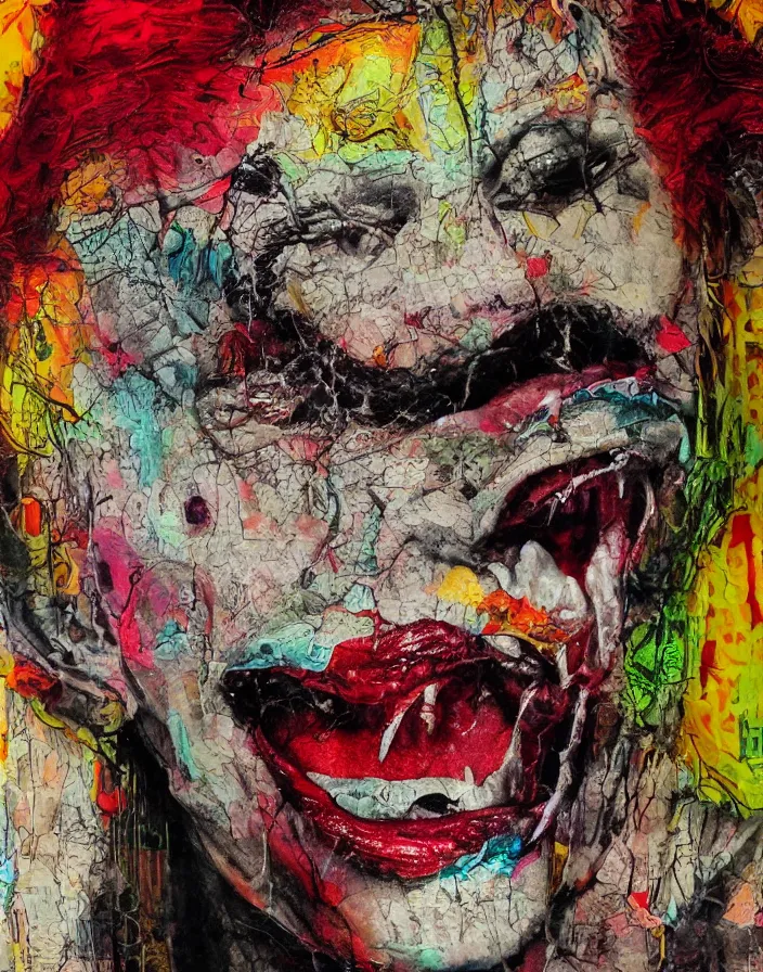 Prompt: bright cursed laughing detailed analogue mixed media collage with canvas texture in style of contemporary art, punk art, hyperrealistic beautiful face, photorealistic, expressionism, masterpiece, perfect composition, spectacular quality, intricate oil details
