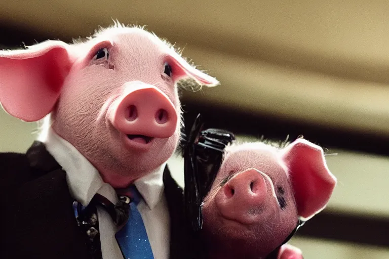 Image similar to movie scene closeup pig wearing a suit at a podium yelling. by emmanuel lubezki