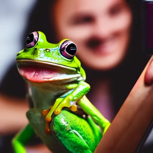 Prompt: super cute smiling green tree frog dressed in a pink skirt, taking a selfie on a fashion show, photo realistic, matte image