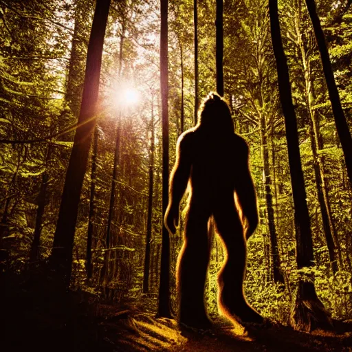 Image similar to photo of a Bigfoot in the forest, 50mm, golden hour, beautiful photo