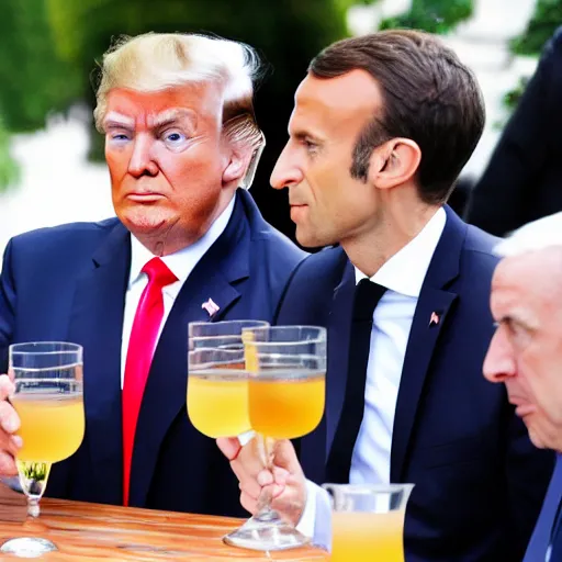 Prompt: Donald Trump drinking a pastis with Emmanuel Macron
