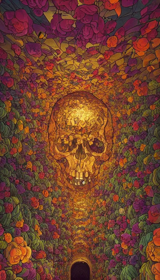 Image similar to The luminous cavern of floral skulls, italian futurism, Dan Mumford, da vinci, Josan Gonzalez