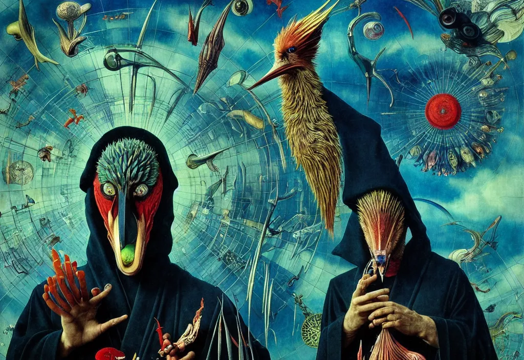 Image similar to realistic detailed portrait movie shot of a birdman wearing black robes, sci fi city landscape background by denis villeneuve, amano, yves tanguy, alphonse mucha, ernst haeckel, max ernst, roger dean, masterpiece, rich moody colours, snarling dog teeth, blue eyes