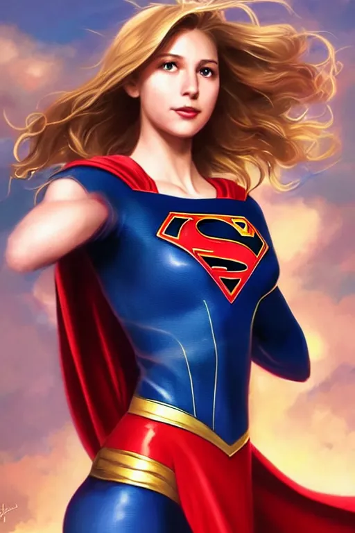 Image similar to a beautiful female supergirl!! intricate, red, blue gold suit, powers, speed, dc comics, cinematic, stunning, highly detailed, digital painting, artstation, smooth, hard focus, illustration, art by artgerm and greg rutkowski and alphonse mucha