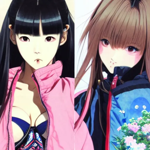 Image similar to a beautiful japanese lalisa alluring gravure model, wearing oversized designer bomber jacket and leotard, bulky poofy bomber jacket with mesoamerican patterns, mesoamerican native street fashion, gapmoe yandere grimdark, trending on pixiv fanbox, painted by greg rutkowski makoto shinkai takashi takeuchi studio ghibli, akihiko yoshida