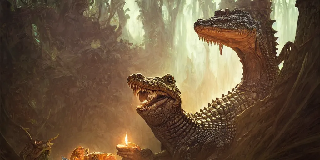 Image similar to crocodile lair priestess ceremony, deep focus, d & d, fantasy, intricate, elegant, highly detailed, digital painting, artstation, concept art, matte, sharp focus, illustration, hearthstone, art by artgerm and greg rutkowski and alphonse mucha