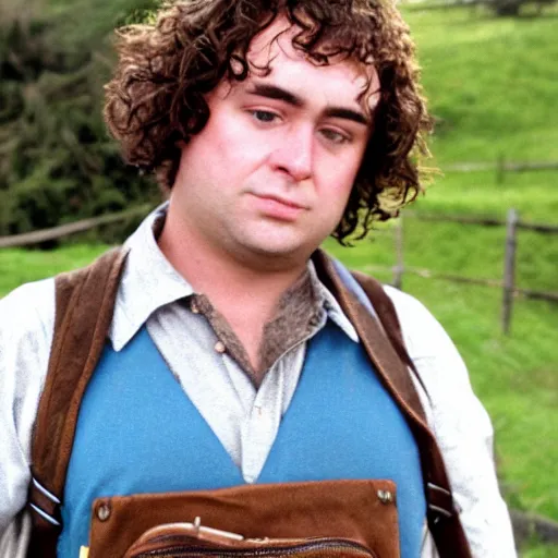 Image similar to close up headshot of a frowning clean shaven pudgy British lad with short curly dark brown hair as a hobbit wearing a white men's crossbody sling chest bag and blue vest, blue vest!! white crossbody chestbag!! high resolution film still, movie by Peter Jackson