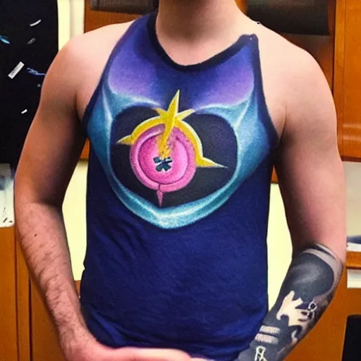 Image similar to “ ben shapiro shows off the sailor moon tattoo on his chest ”