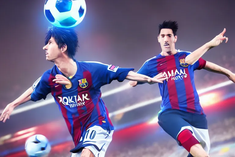 Image similar to anime soccer player scores goal like lionel messi, hyper realism, octane render