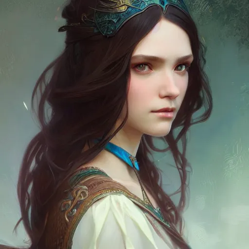 Prompt: a beautiful princess, long dark hair and bangs, fantasy, intricate, elegant, highly detailed, digital painting, artstation, concept art, matte, sharp focus, illustration, art by Artgerm and Greg Rutkowski and Alphonse Mucha