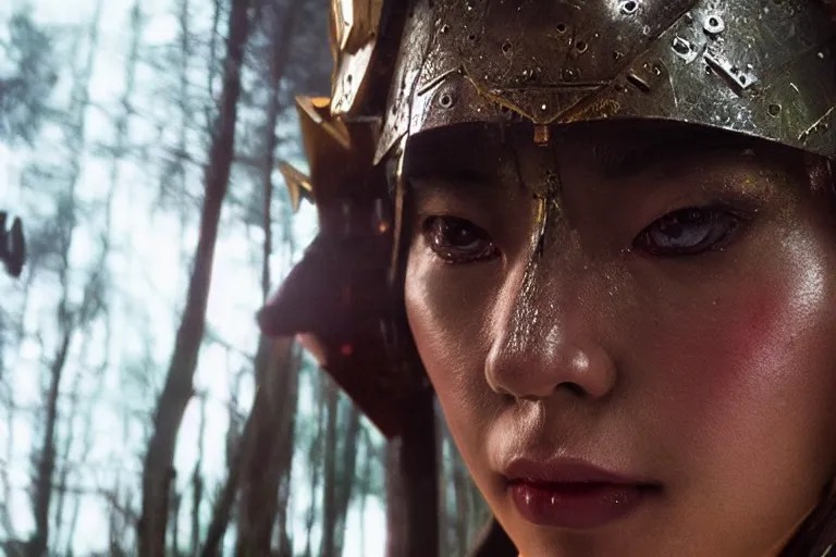 Image similar to vfx movie scene closeup nomad cyborg warrior viking geisha in a smoldering forest. by emmanuel lubezki