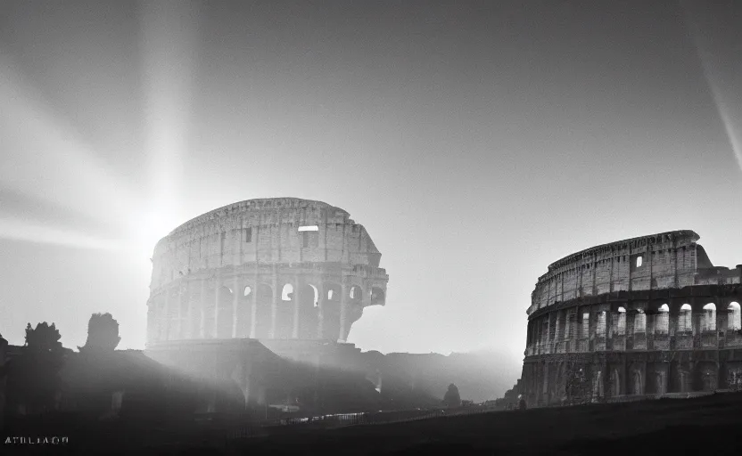 Image similar to a ufo flying saucer in the sky attack colosseum in rome at sunset, foggy volumetric light, a beam of light from the ufo, cinematic trending on artstation