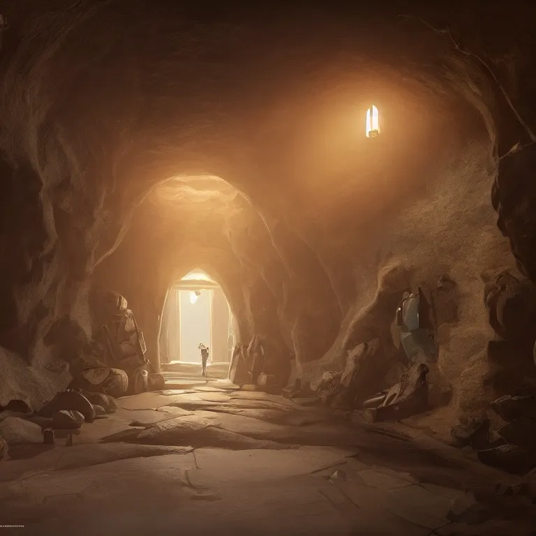 Image similar to arc hallway for secret overwatch habitation quarters carved inside a cave, sheltered, magical, natural light, candle light, cinematic lighting, clean lines, cozy, fantasy, minimalist architecture, sharp focus, concept art, by greg rutkowski and craig mullins,, octane render 8 k