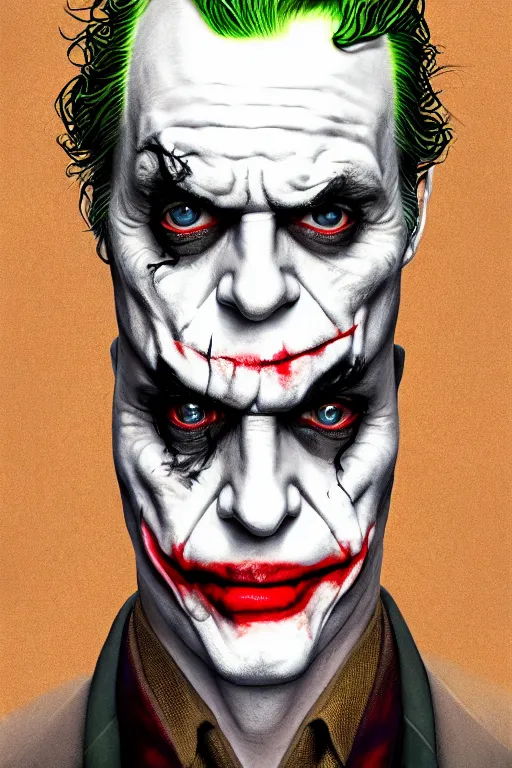 Image similar to cinematic portrait of the Joker. Centered, uncut, unzoom, symmetry. charachter illustration. Surreal render, ultra realistic, zenith view. Polished. Inspired by patricio clarey, heidi taillefer scifi painter glenn brown. Extremely ornated. artstation, cgsociety, unreal engine, ray tracing, detailed illustration, hd, 4k, digital art, overdetailed art. Dslr, tiltshift, dof. 64megapixel. complementing colors. Trending on artstation, deviantart,