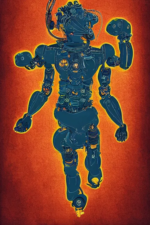 Image similar to a study of cell shaded Vector illustration of a cyborg robot fu manchu buddha dancing , golden ratio, post grunge screen print poster, character concept art by Miles Tsang, highly detailed, sharp focus, motherboard, Artstation, deviantart, artgem