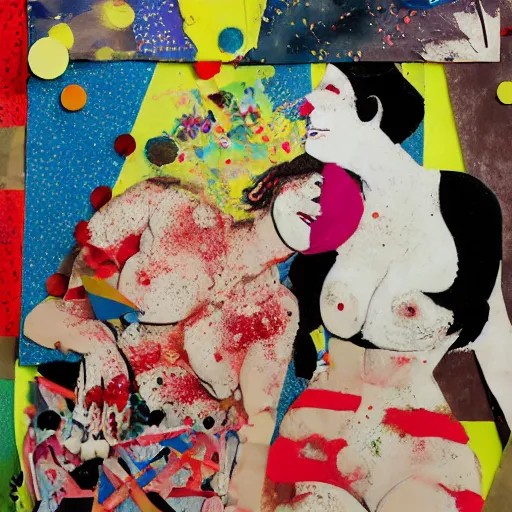 Image similar to two women kissing at a carnival in tokyo, mixed media collage, retro, paper collage, magazine collage, acrylic paint splatters, bauhaus, abstract claymation, layered paper art, sapphic visual poetry expressing the utmost of desires by jackson pollock