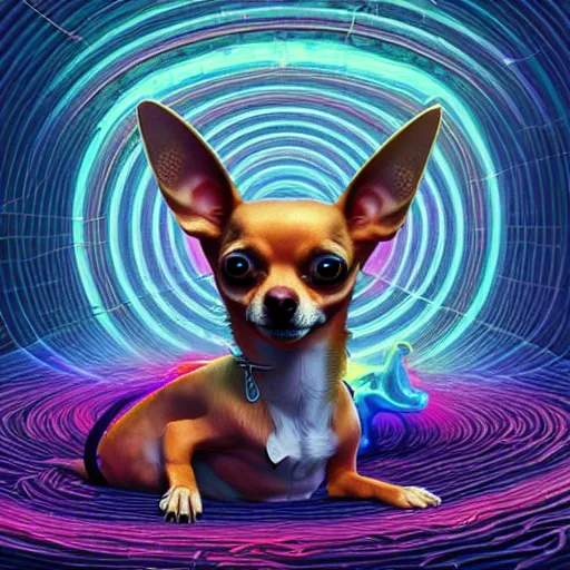 Image similar to a chihuahua with a third eye living in an extradimensional reality, in the style of wlop and alex grey, illustration, epic, fantasy, hyper detailed, smooth, unreal engine, sharp focus, ray tracing, physically based rendering