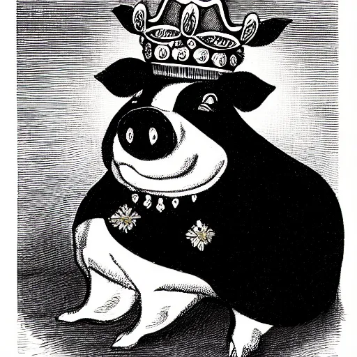 Image similar to black and white illustration of a pig wearing a gold crown in the style of oliver hibert