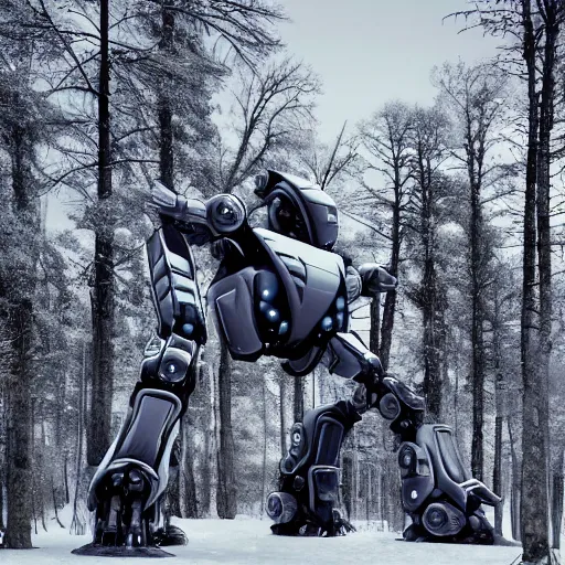 Image similar to futuristic colossal mech fortress travels across a swedish forest in the winter very low angle photograph trending on artstation