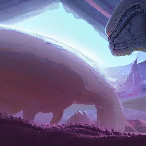 Image similar to concept art painting of an alien world full of alien dinosaurs, detailed, cel shaded, in the style of makoto shinkai and moebius and james gurney